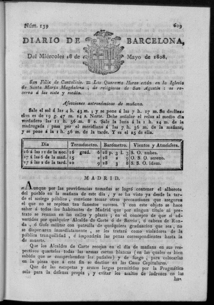 Miniatura de Diario de Barcelona del miércoles 18 de mayo de 1808