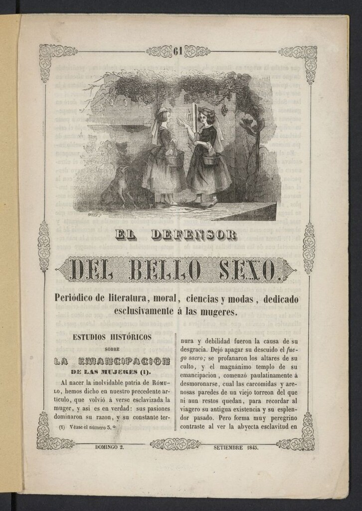 Miniatura de El Defensor del Bello Sexo: periódico de literatura, moral, ciencias y modas dedicado exclusivamente a las mugeres