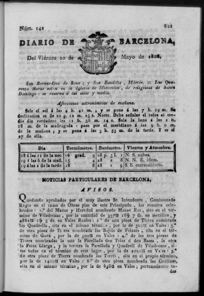 Miniatura de Diario de Barcelona del viernes 20 de mayo de 1808
