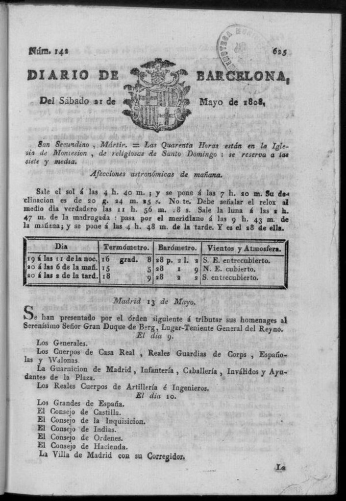Miniatura de Diario de Barcelona del sábado 21 de mayo de 1808