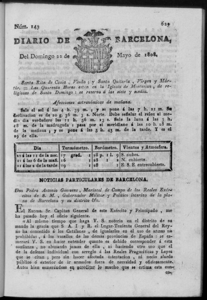 Miniatura de Diario de Barcelona del domingo 22 de mayo de 1808