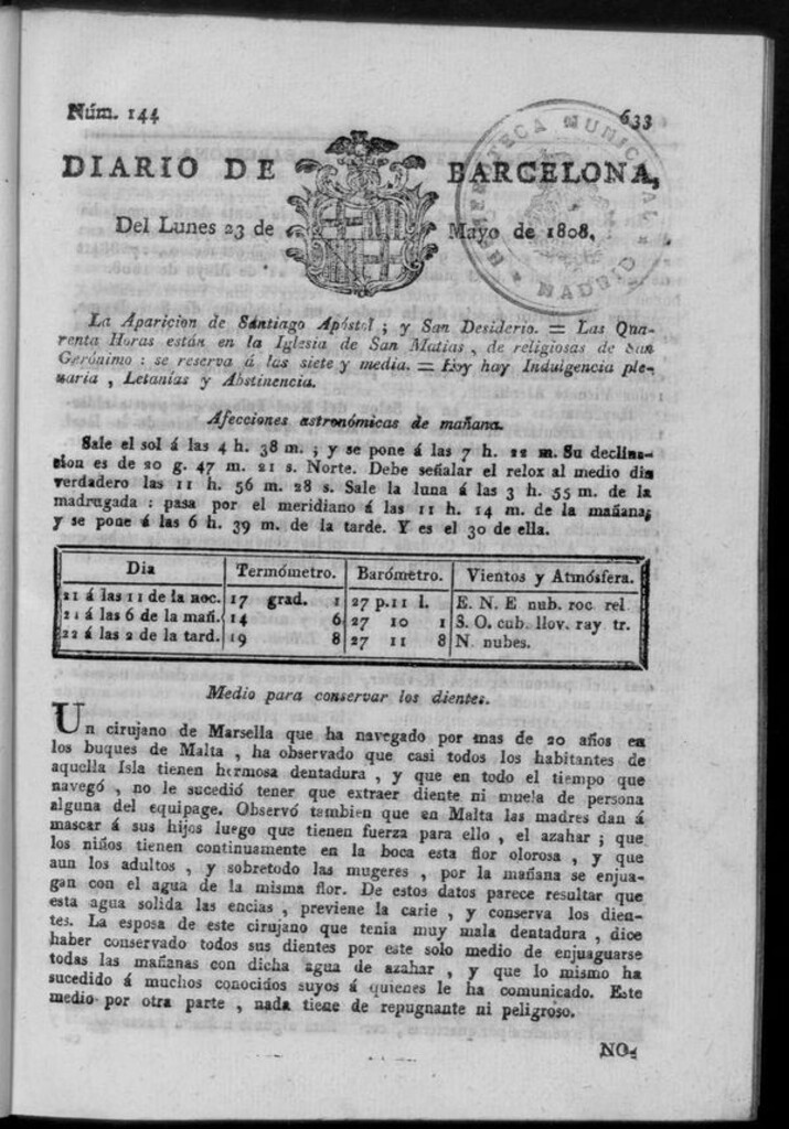 Miniatura de Diario de Barcelona del lunes 23 de mayo de 1808