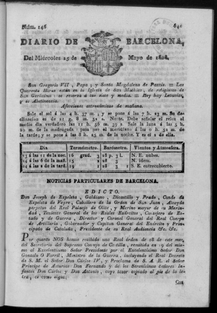Miniatura de Diario de Barcelona del miércoles 25 de mayo de 1808