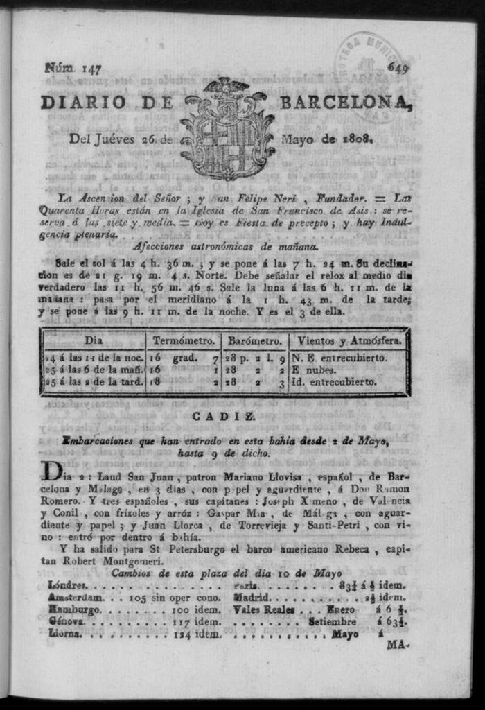 Miniatura de Diario de Barcelona del jueves 26 de mayo de 1808