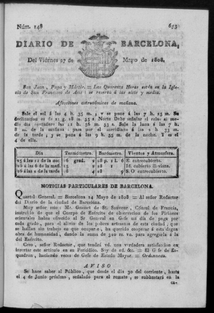 Miniatura de Diario de Barcelona del viernes 27 de mayo de 1808