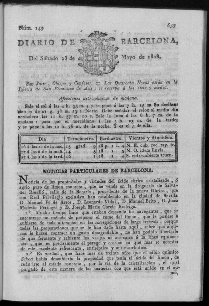 Miniatura de Diario de Barcelona del sábado 28 de mayo de 1808