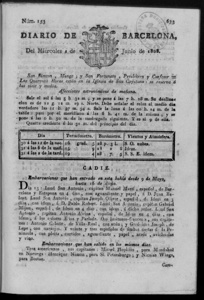 Miniatura de Diario de Barcelona del miércoles 1 de junio de 1808