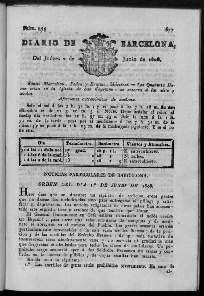 Miniatura de Diario de Barcelona del jueves 2 de junio de 1808