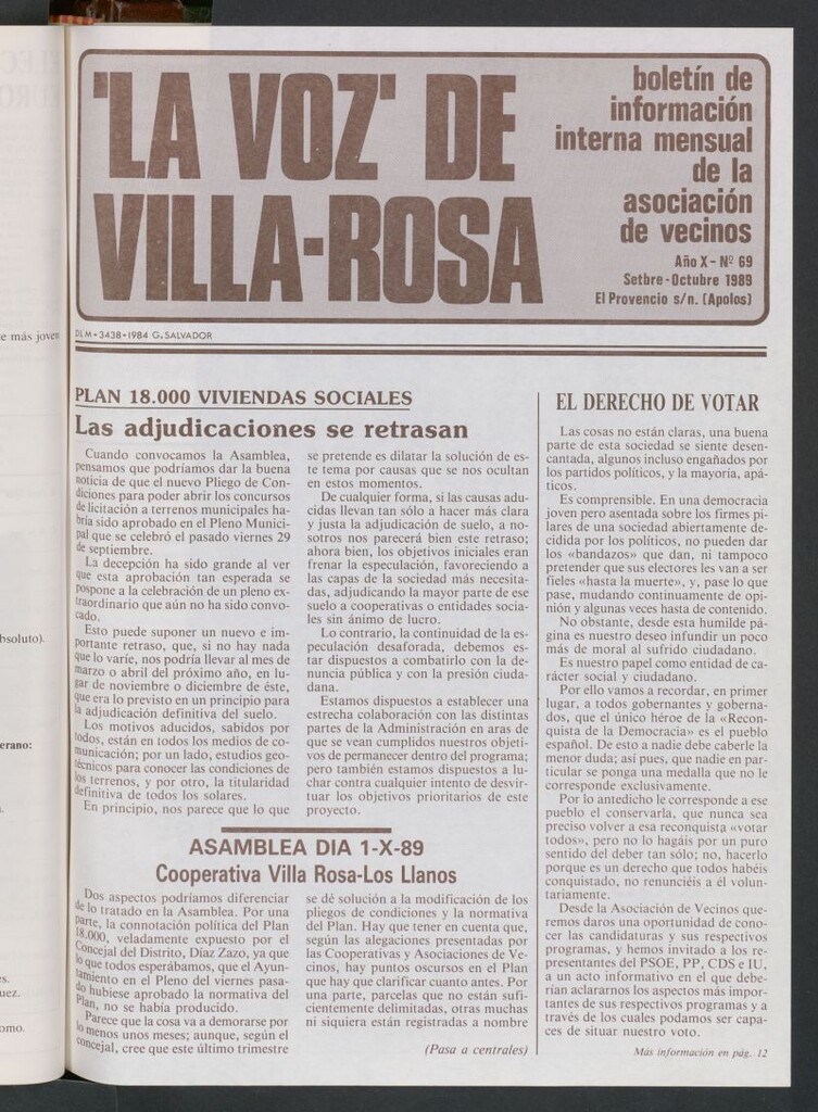 Miniatura de La Voz de Villa-Rosa: boletín informativo mensual de la asociación de vecinos, nº 69 de septiembre-octubre de 1989