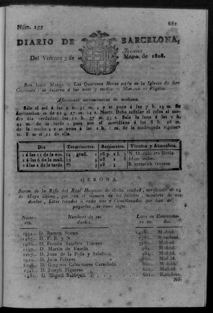 Miniatura de Diario de Barcelona del viernes 3 de junio de 1808