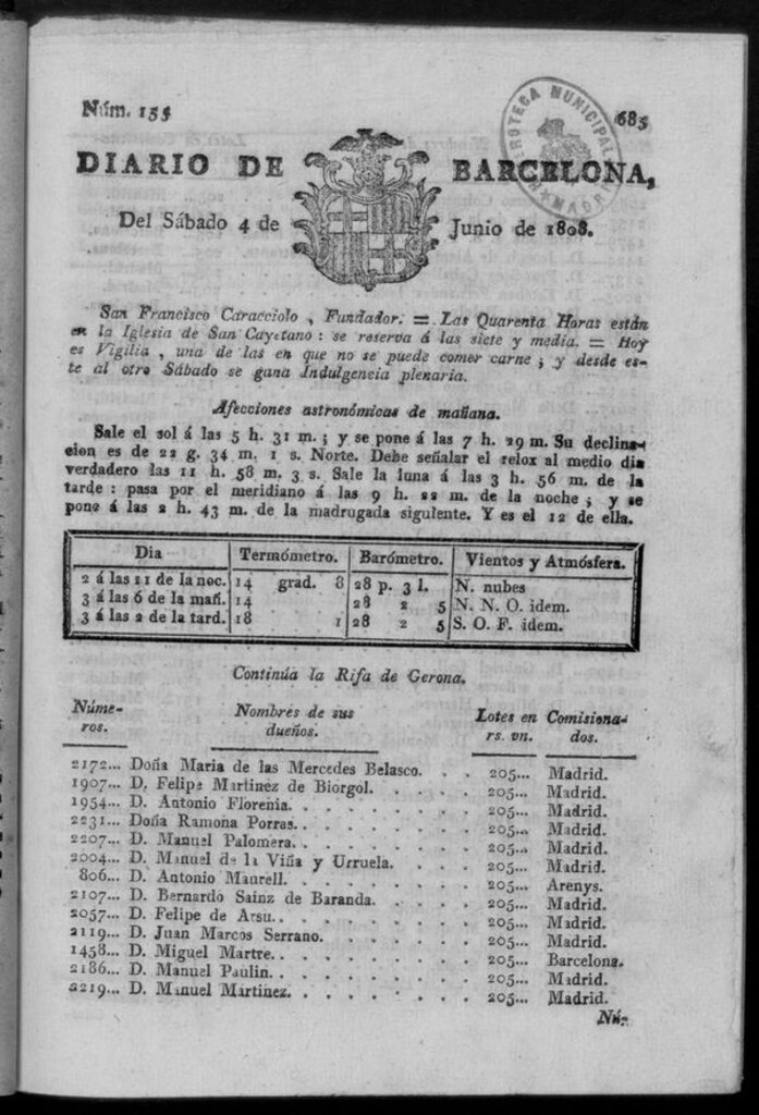 Miniatura de Diario de Barcelona del sábado 4 de junio de 1808