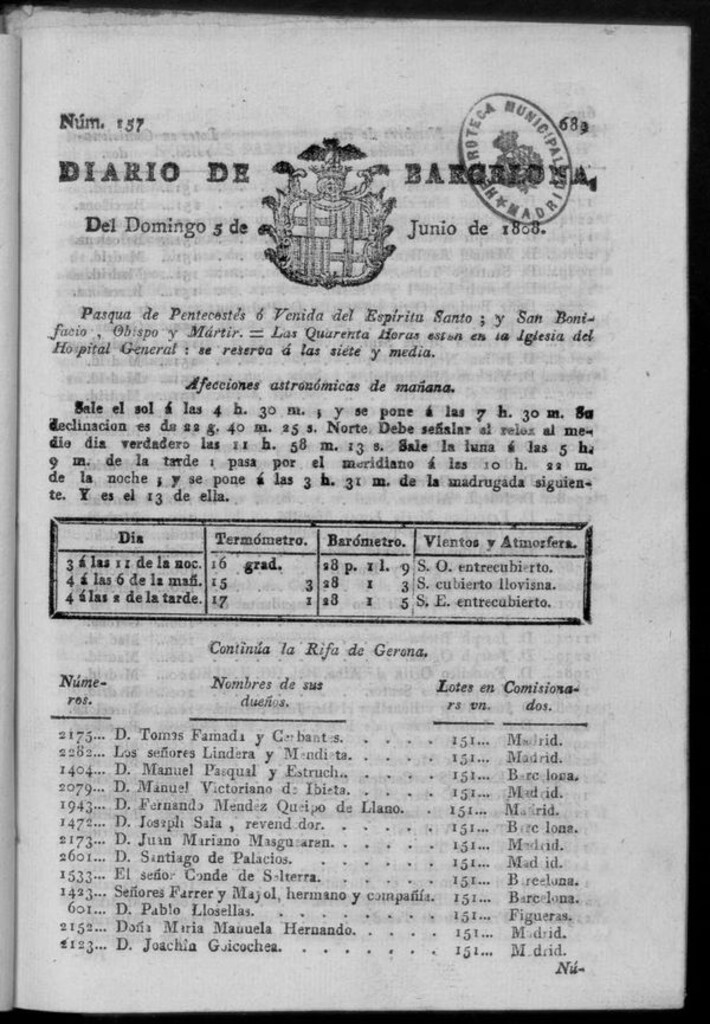 Miniatura de Diario de Barcelona del domingo 5 de junio de 1808