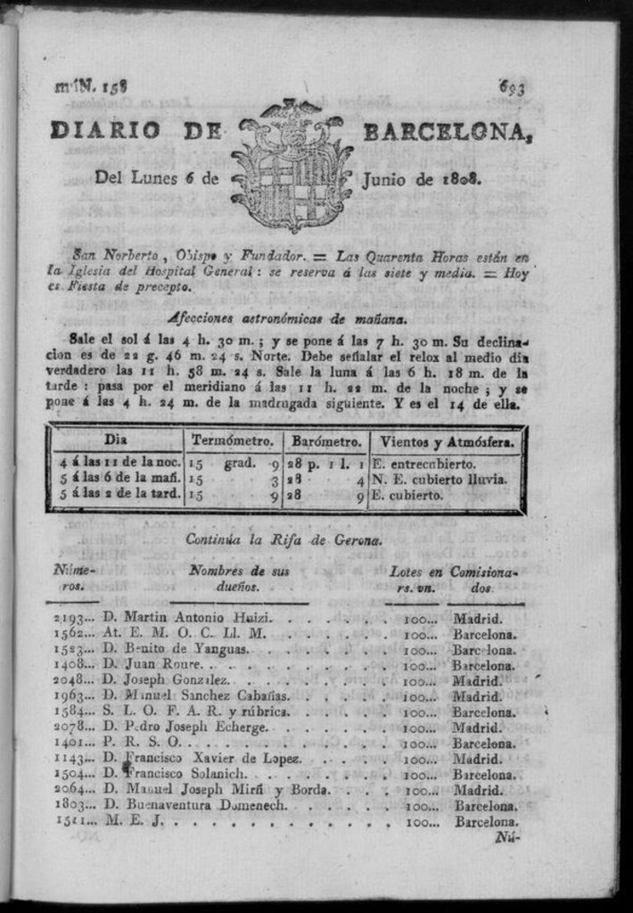 Miniatura de Diario de Barcelona del lunes 6 de junio de 1808