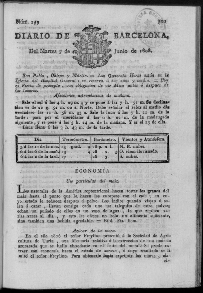 Miniatura de Diario de Barcelona del martes 7 de junio de 1808