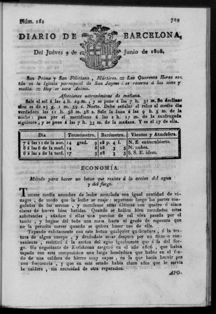 Miniatura de Diario de Barcelona del jueves 9 de junio de 1808