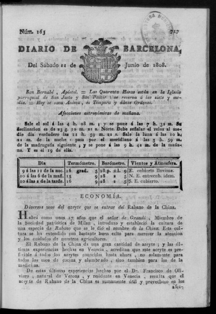 Miniatura de Diario de Barcelona del sábado 11 de junio de 1808