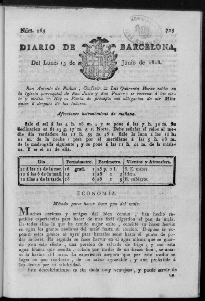 Miniatura de Diario de Barcelona del lunes 13 de junio de 1808