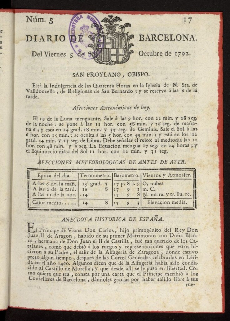 Miniatura de Diario de Barcelona del 5 de octubre de 1792, nº 5