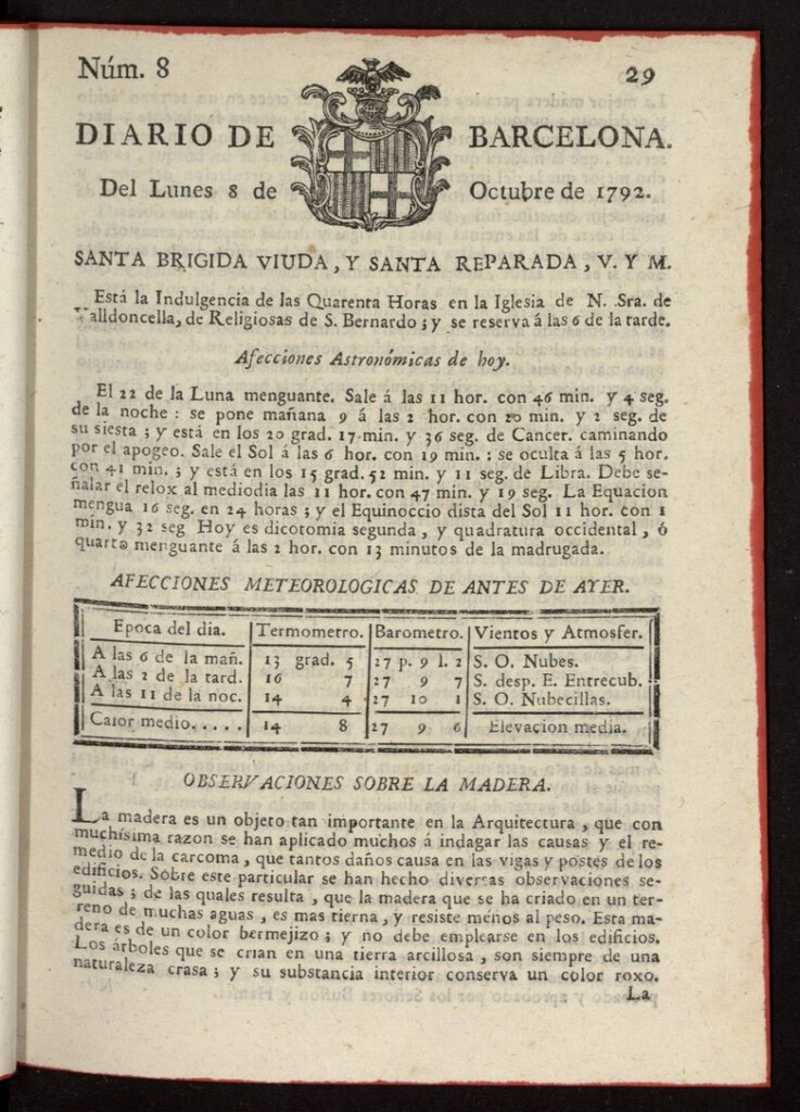 Miniatura de Diario de Barcelona del 8 de octubre de 1792, nº 8