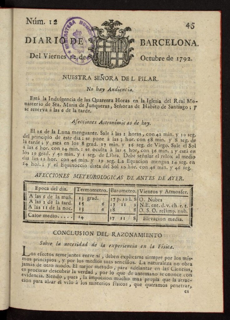 Miniatura de Diario de Barcelona del 12 de octubre de 1792, nº 12