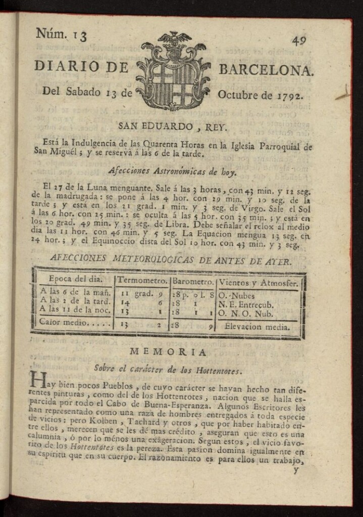 Miniatura de Diario de Barcelona del 13 de octubre de 1792, nº 13