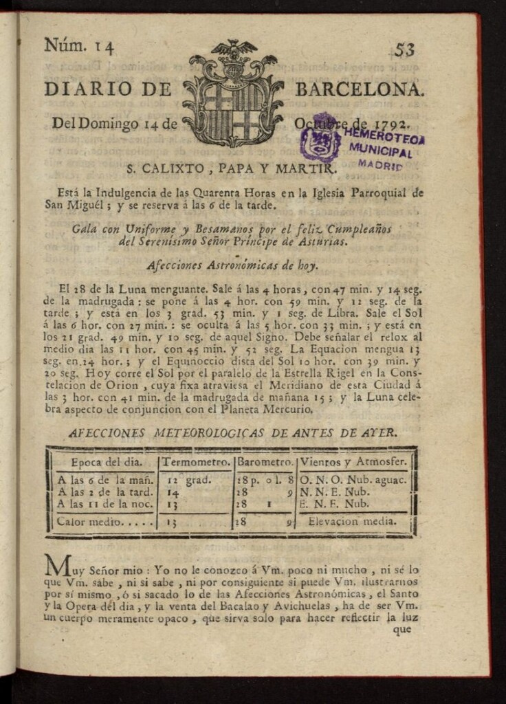 Miniatura de Diario de Barcelona del 14 de octubre de 1792, nº 14