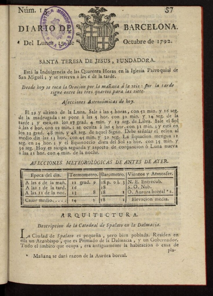 Miniatura de Diario de Barcelona del 15 de octubre de 1792, nº 15