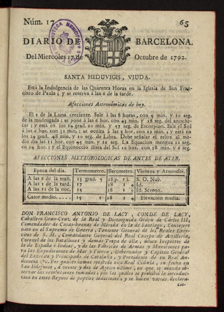 Miniatura de Diario de Barcelona del 17 de octubre de 1792, nº 17