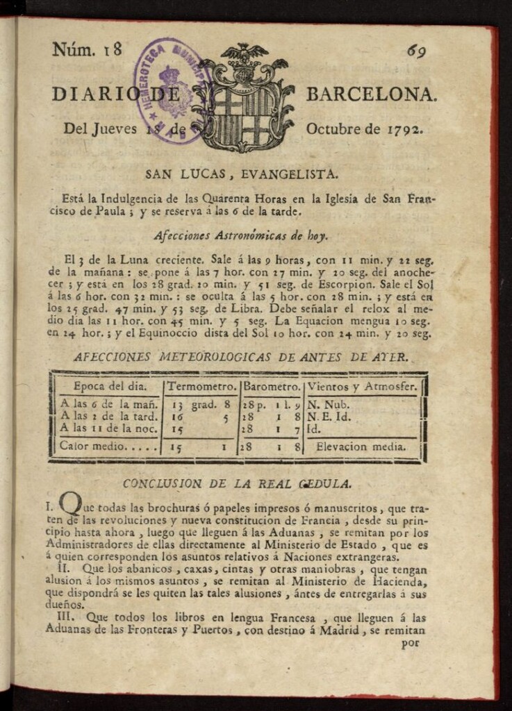 Miniatura de Diario de Barcelona del 18 de octubre de 1792, nº 18