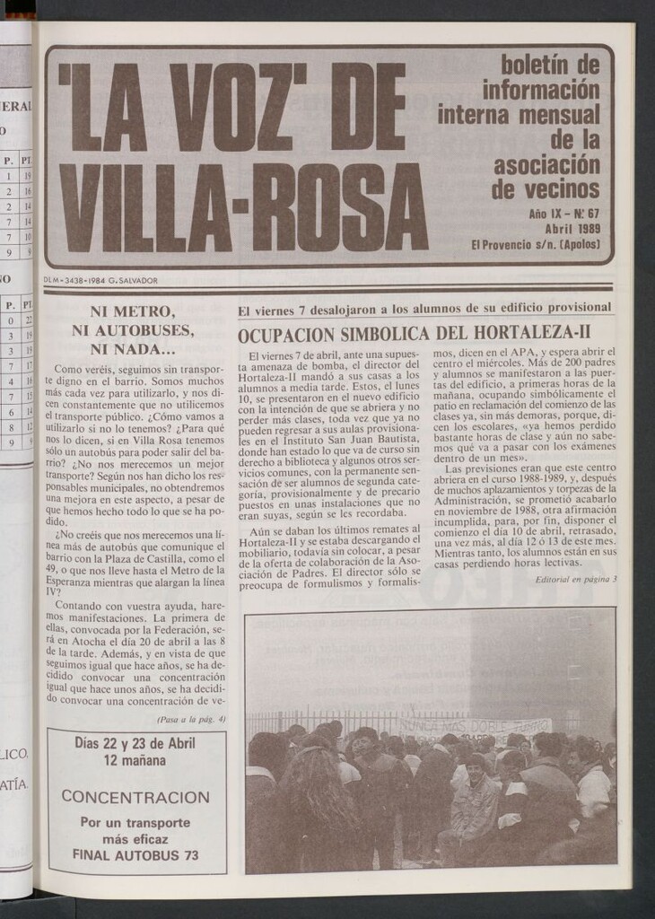 Miniatura de La Voz de Villa-Rosa: boletín informativo mensual de la asociación de vecinos, nº 67 de abril de 1989