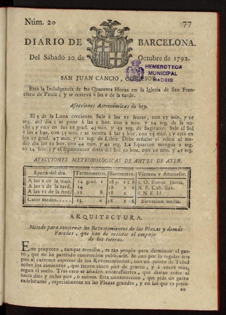 Miniatura de Diario de Barcelona del 20 de octubre de 1792, nº 20