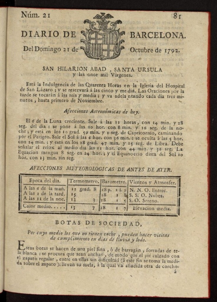 Miniatura de Diario de Barcelona del 21 de octubre de 1792, nº 21