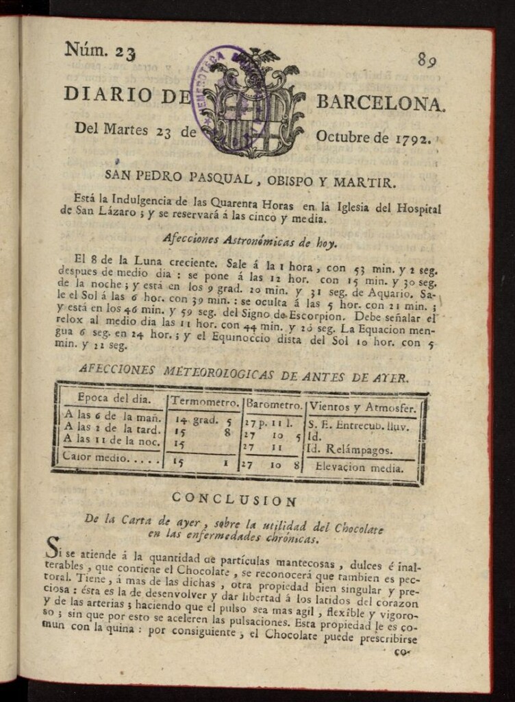 Miniatura de Diario de Barcelona del 23 de octubre de 1792, nº 23