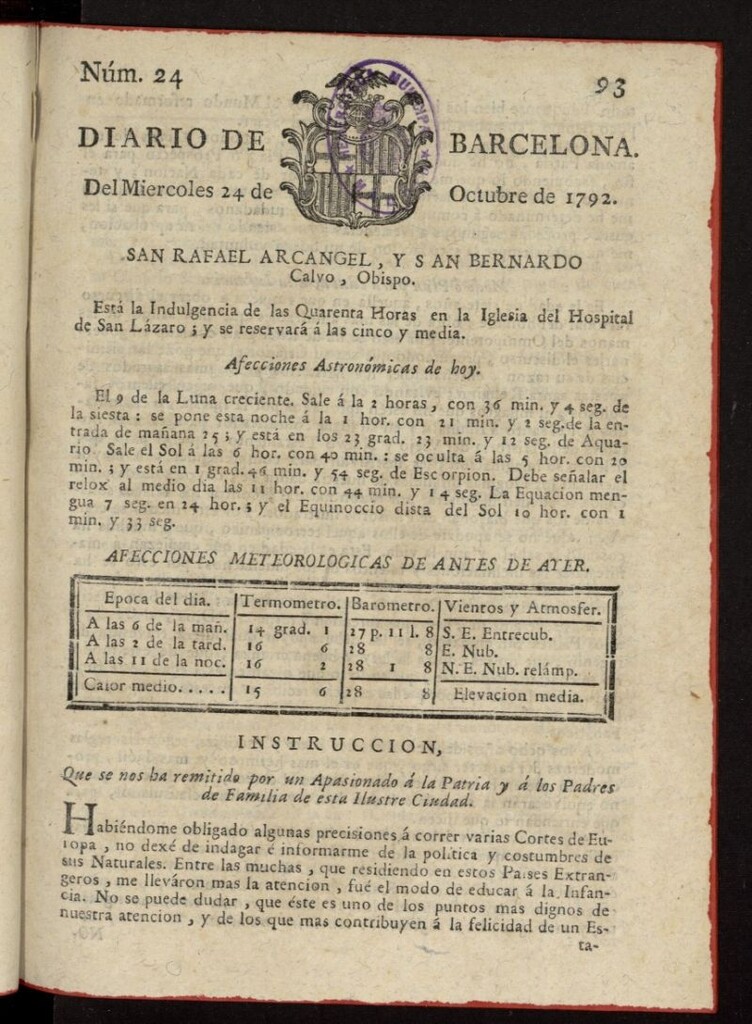 Miniatura de Diario de Barcelona del 24 de octubre de 1792, nº 24