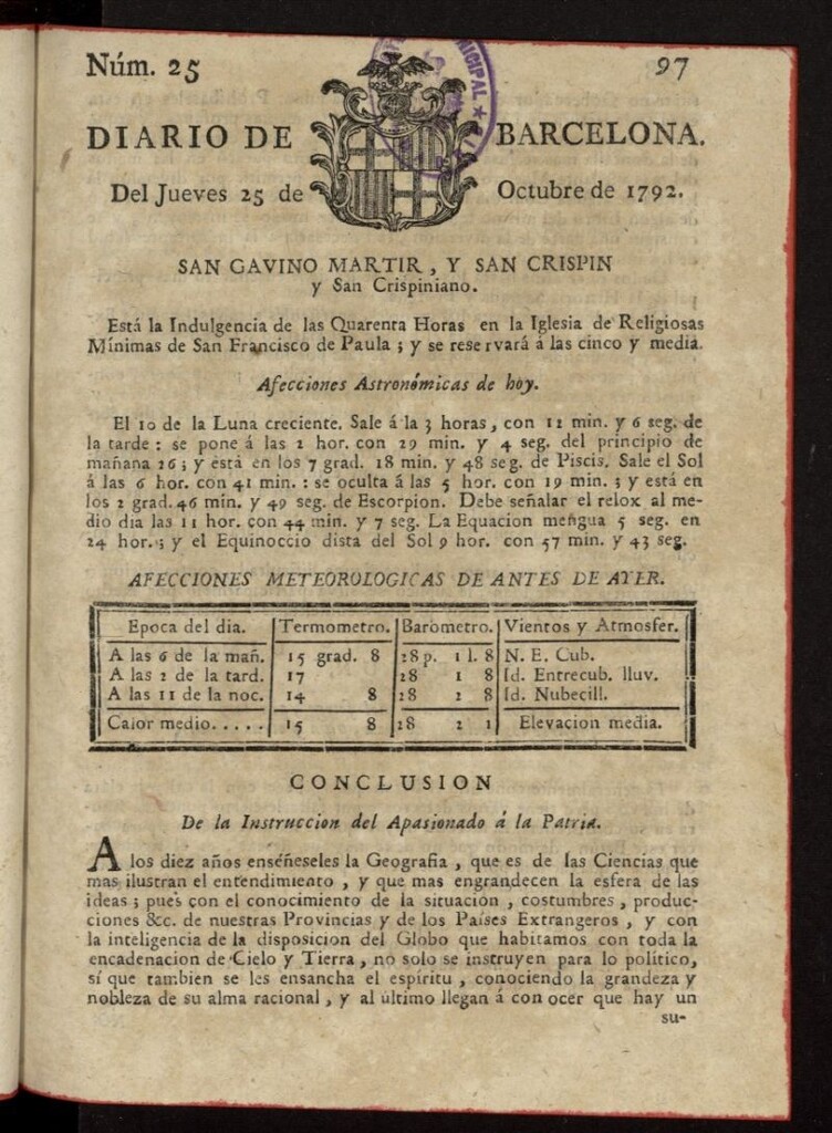 Miniatura de Diario de Barcelona del 25 de octubre de 1792, nº 25