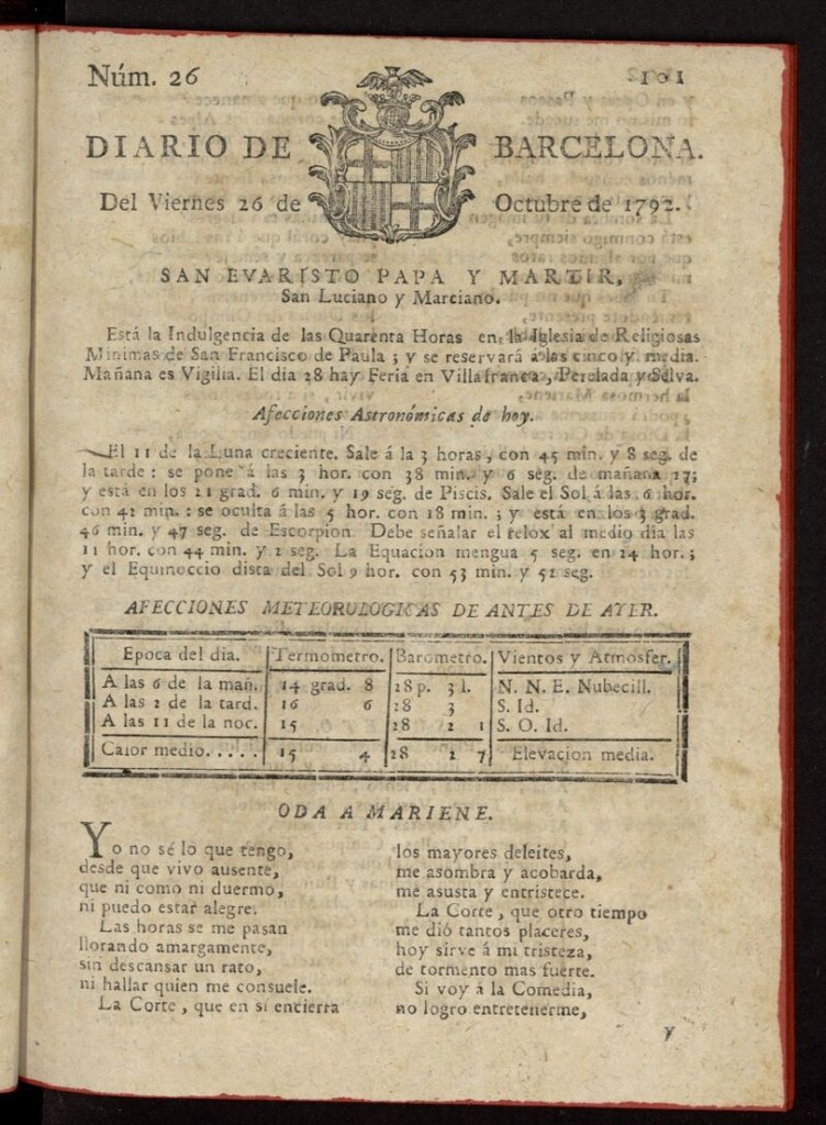 Miniatura de Diario de Barcelona del 26 de octubre de 1792, nº 26