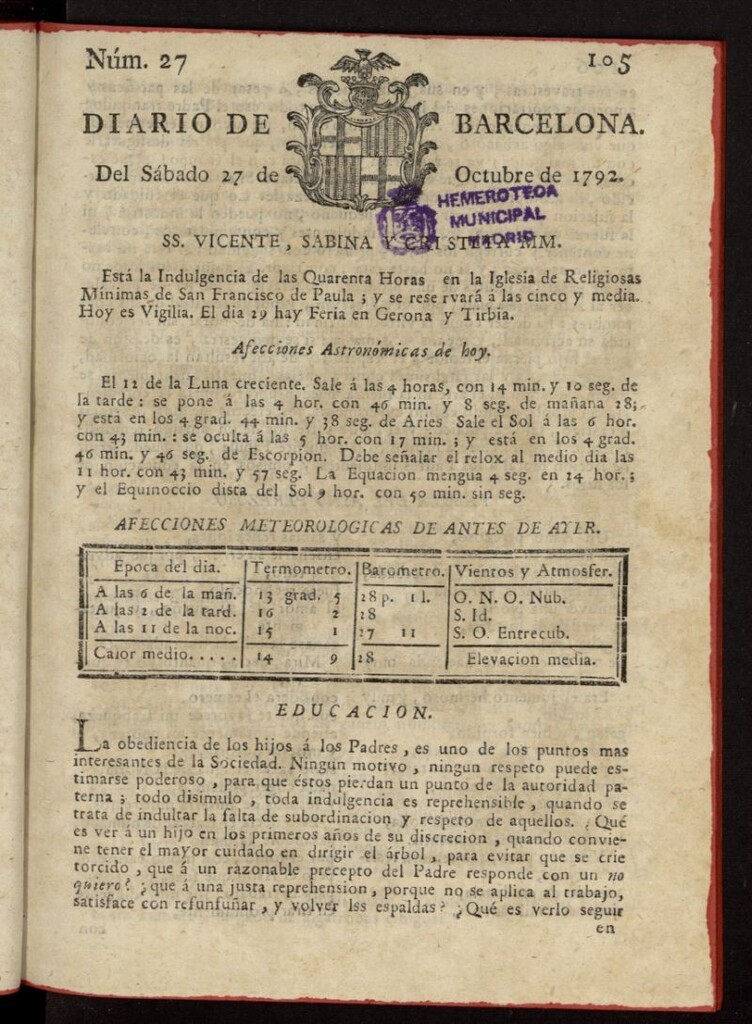 Miniatura de Diario de Barcelona del 27 de octubre de 1792, nº 27