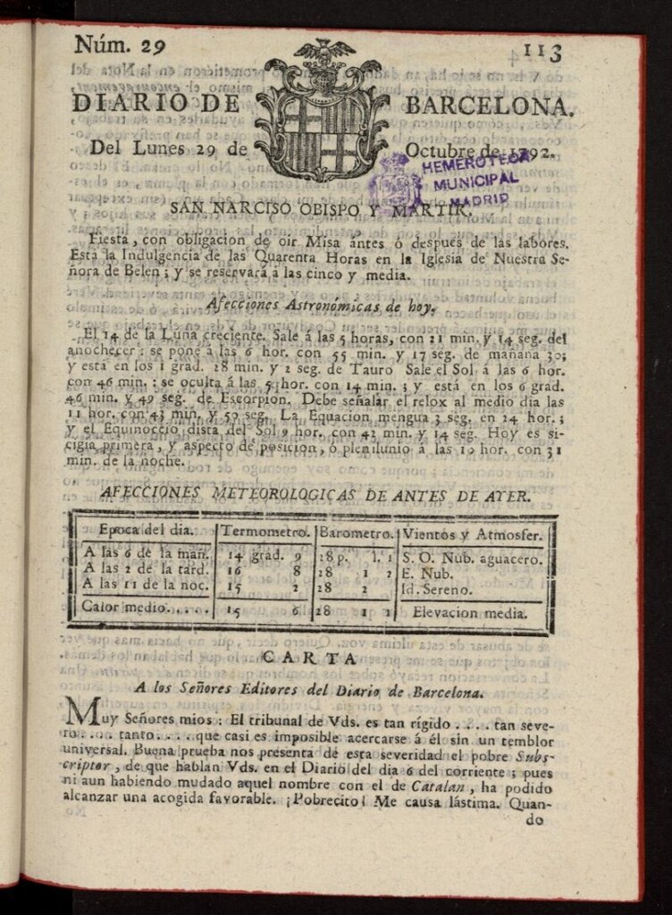 Miniatura de Diario de Barcelona del 29 de octubre de 1792, nº 29