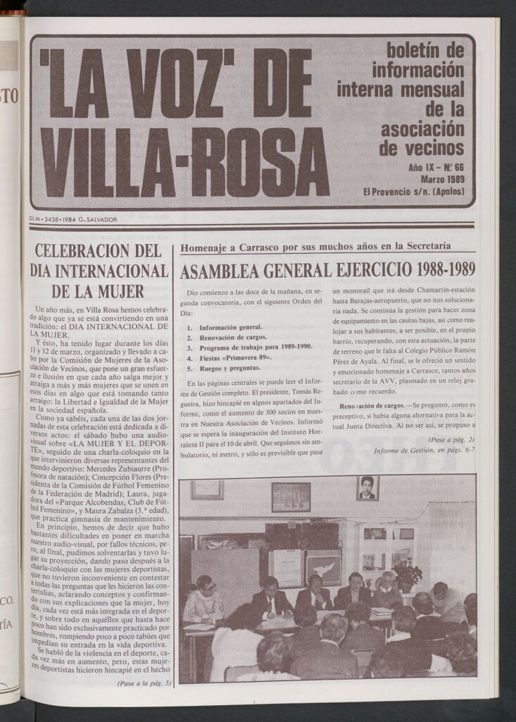 Miniatura de La Voz de Villa-Rosa: boletín informativo mensual de la asociación de vecinos, nº 66 de marzo de 1989