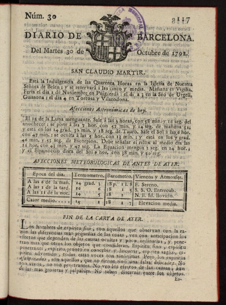 Miniatura de Diario de Barcelona del 30 de octubre de 1792, nº 30