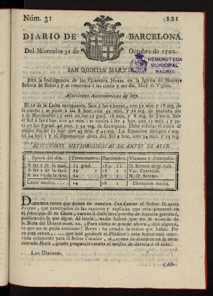 Miniatura de Diario de Barcelona del 31 de octubre de 1792, nº 31