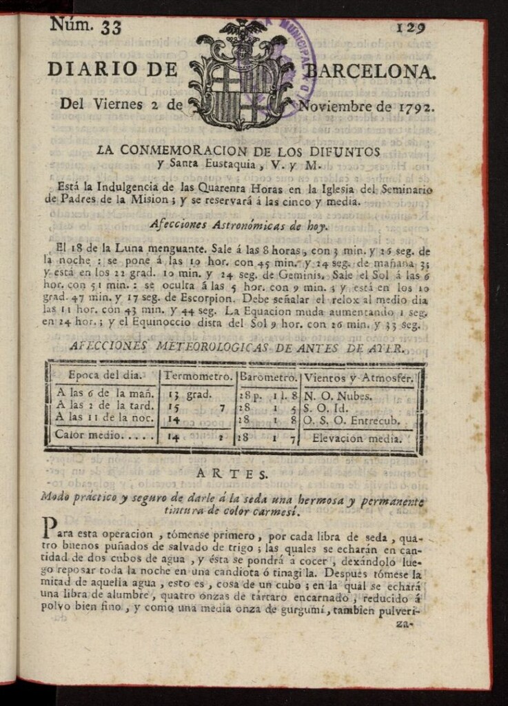Miniatura de Diario de Barcelona del 2 de noviembre de 1792, nº 33