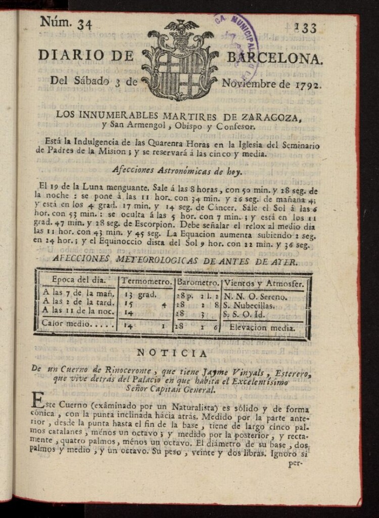 Miniatura de Diario de Barcelona del 3 de noviembre de 1792, nº 34