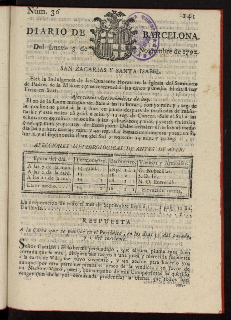 Miniatura de Diario de Barcelona del 5 de noviembre de 1792, nº 36