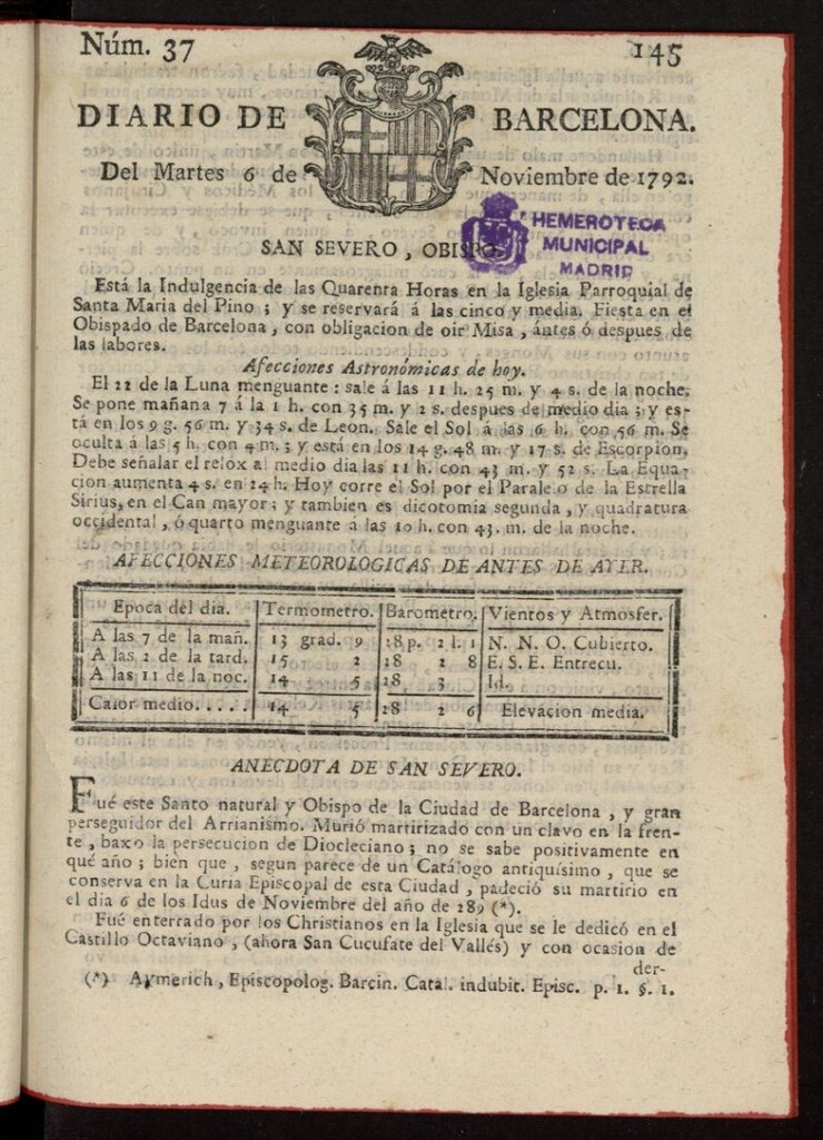 Miniatura de Diario de Barcelona del 6 de noviembre de 1792, nº 37