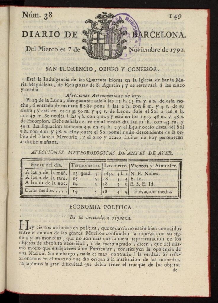 Miniatura de Diario de Barcelona del 7 de noviembre de 1792, nº 38