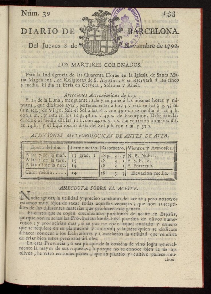 Miniatura de Diario de Barcelona del 8 de noviembre de 1792, nº 39