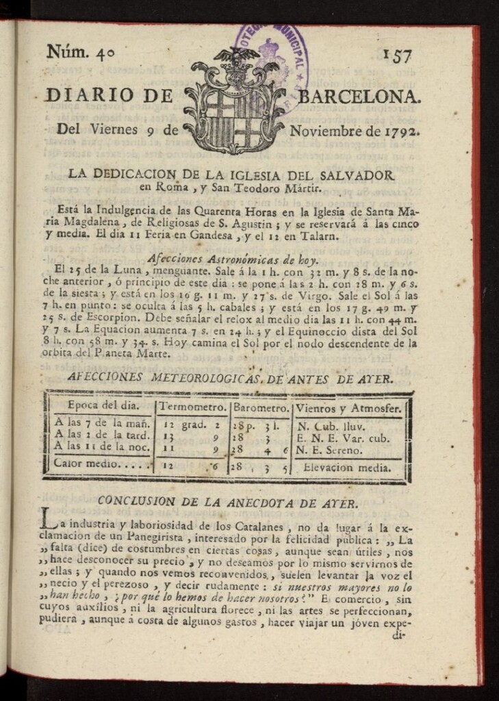 Miniatura de Diario de Barcelona del 9 de noviembre de 1792, nº 40
