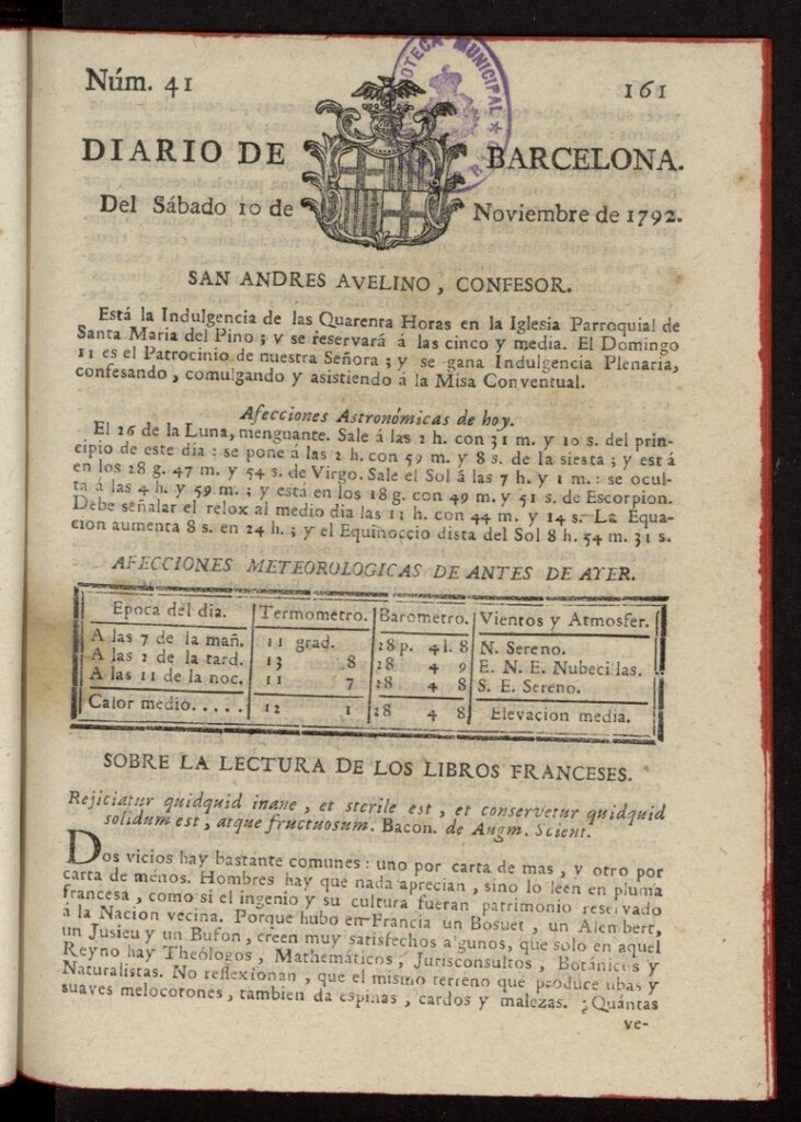 Miniatura de Diario de Barcelona del 10 de noviembre de 1792, nº 41
