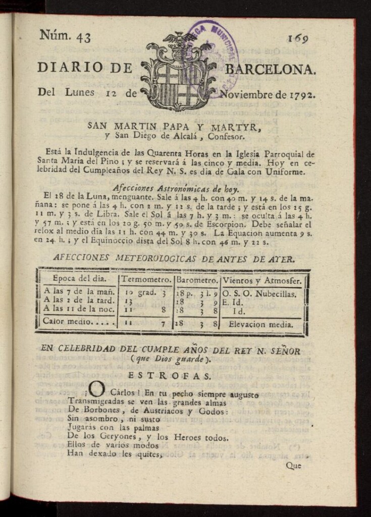 Miniatura de Diario de Barcelona del 12 de noviembre de 1792, nº 43